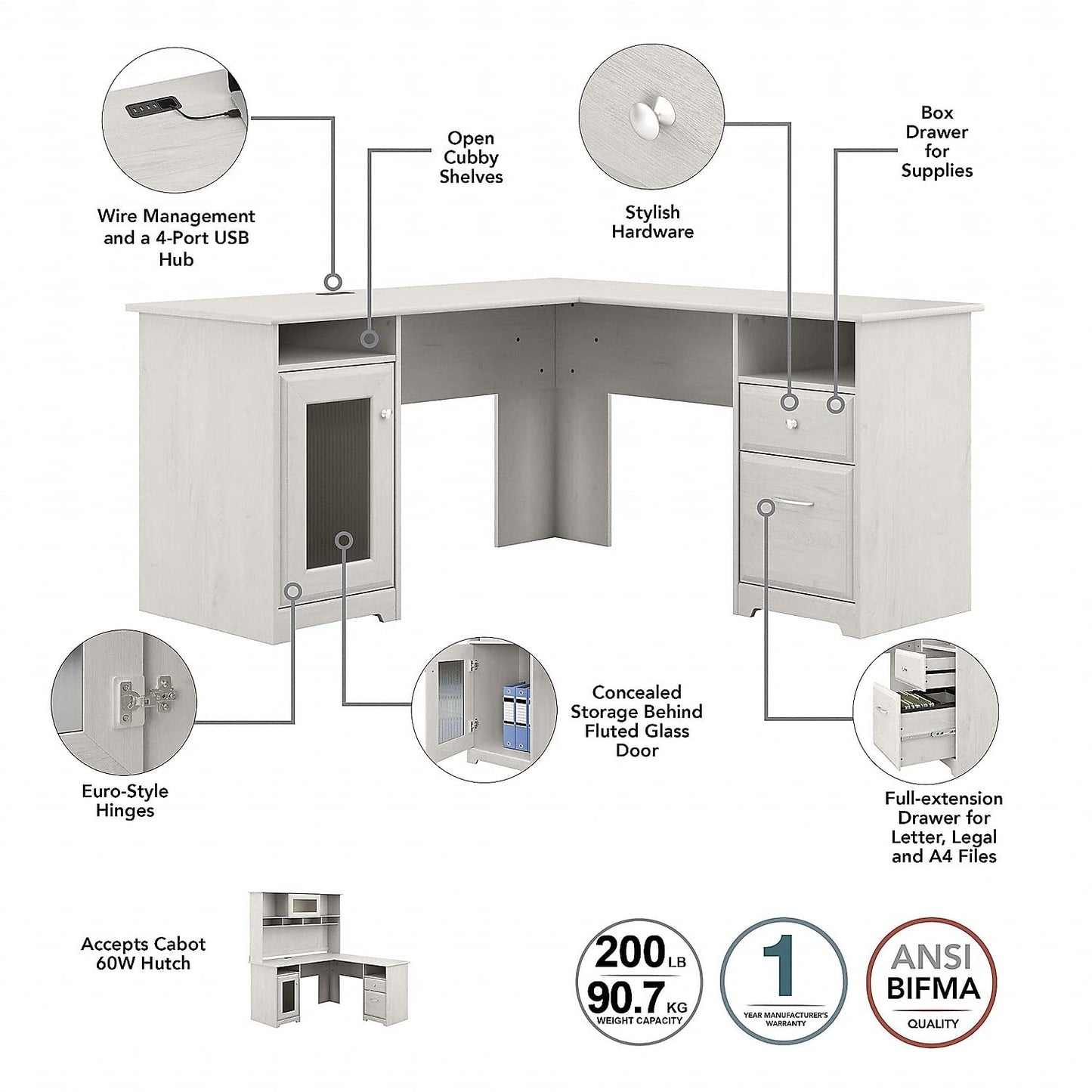 Bush Furniture Cabot L Shaped Desk with Hutch | Corner Desk with Storage for Home Office in Linen White Oak | 60W L Shaped Computer Desk - WoodArtSupply