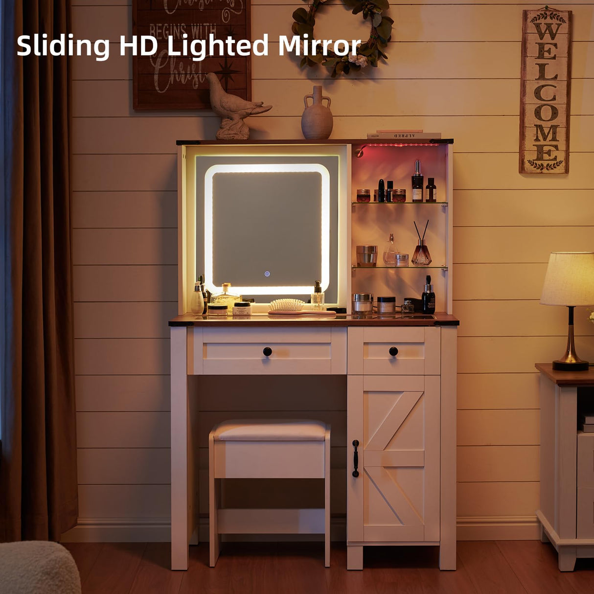 Vanity Desk with Mirror and Lights, Makeup Vanity Desk with Charging Station, Farmhouse Makeup Desk with 3 Adjustable Lighting Modes, Bedroom Vanity for Girls, Women GAMTUE