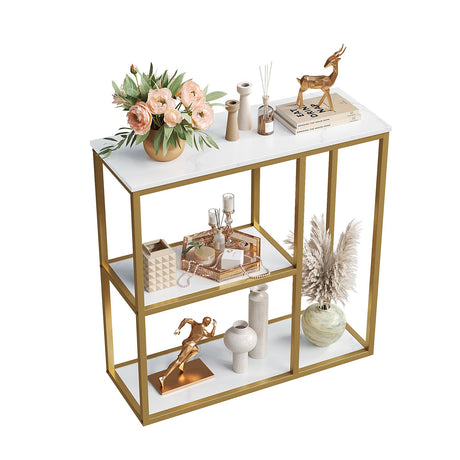 WOHOMO Console Table, Small Entryway Table with Storage Shelves 12'' Narrow Sofa Table Modern Hallway Table for Living Room 31.5" x12''x31.5'' White and Gold WOHOMO
