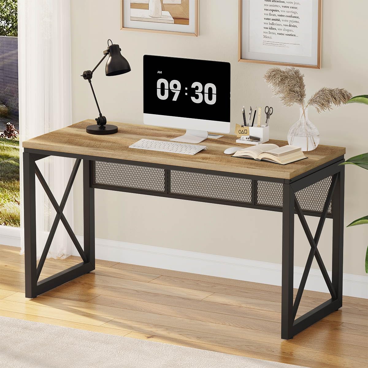 BON AUGURE Farmhouse Computer Desk, Modern Industrial Home Office Desk, Wood Metal Study Writing Table, Sturdy Gaming Desk (Vintage Oak, 54 Inch) - WoodArtSupply