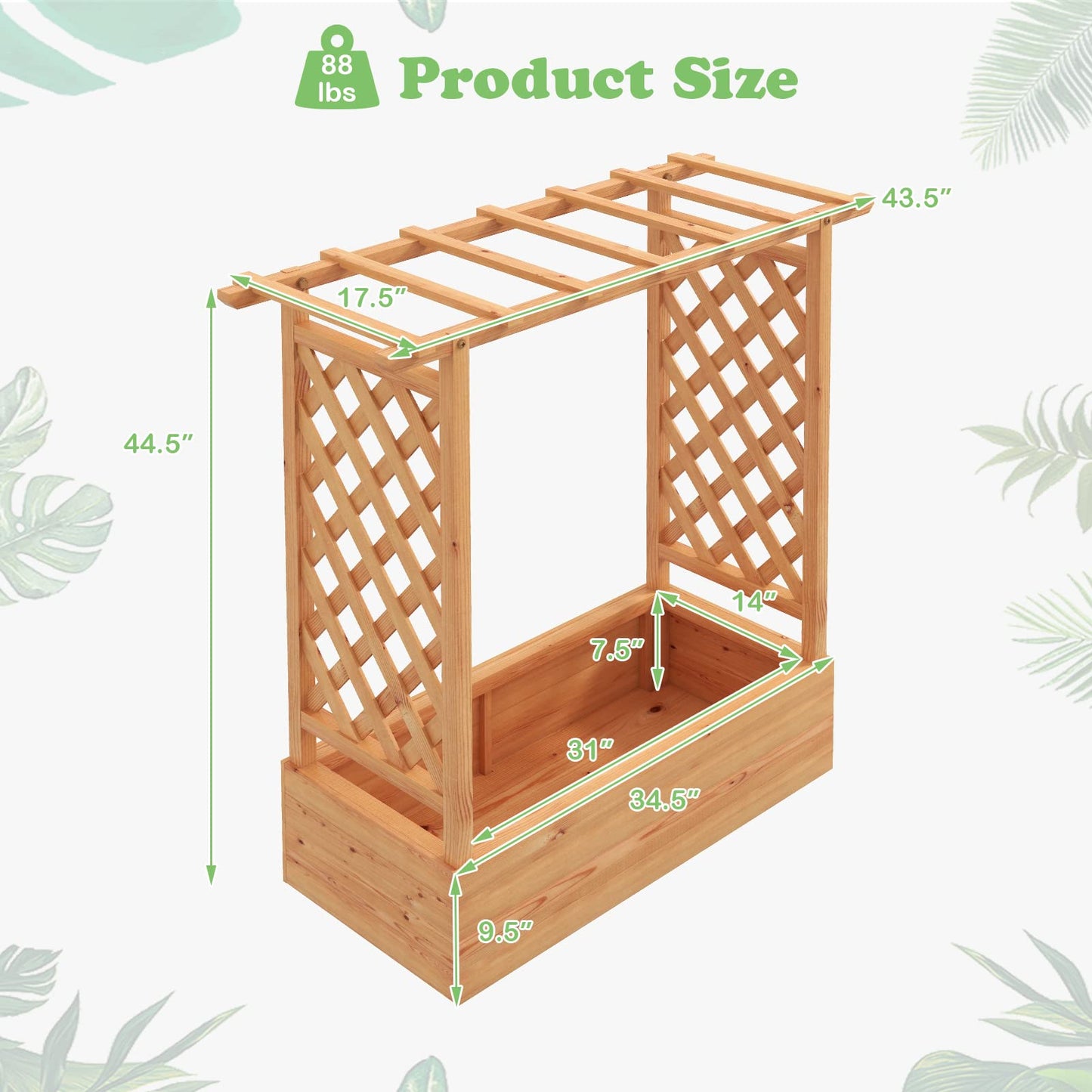 HAPPYGRILL Raised Garden Bed with Trellis, Freestanding Garden Planter Box with Side & Top Trellis, Drainage Holes, Wooden Planter Raised Bed for Vine Climbing Plants, Vegetables, Flowers, Herbs