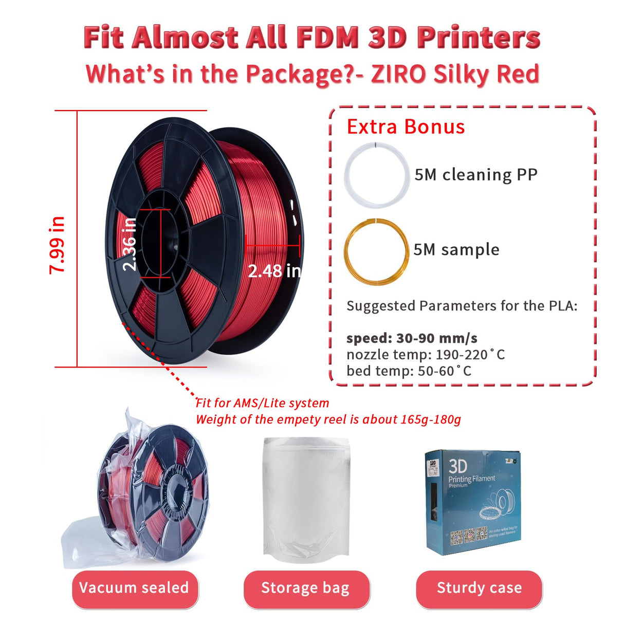 ZIRO PLA Filament 1.75mm, Shining Red 3D Printer Filament Silky, Silk 3D Printing Filament, Dimensional Accuracy +/- 0.03mm, Fit Most 3D FDM Printers Metal Metallic 1KG/2.2lb Spool ZIRO