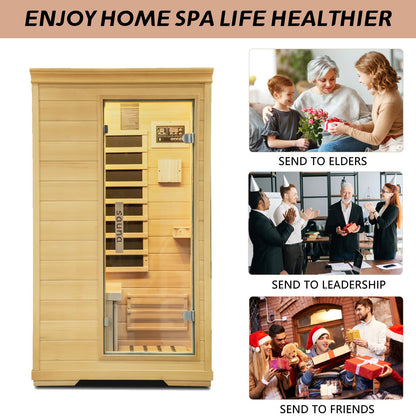 1-Person Far Infrared Home Sauna, Side-Opening Hemlock Wooden Indoor Mini Sauna 1050W Constant Temperature Control Personal Dry Sauna Home Spa,Time and Temp Pre-Set，Valentine's Day