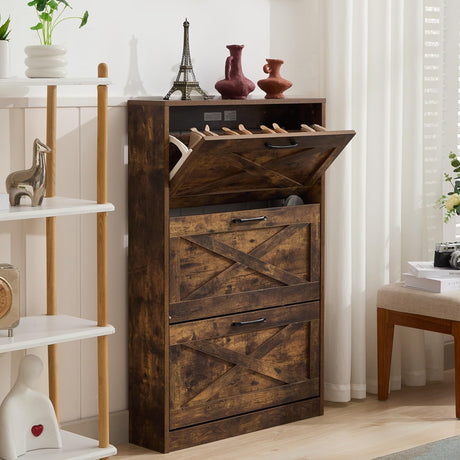 HOPUBUY Shoe Cabinet for Entryway, Shoe Storage Cabinet with 3 Flip Drawers, Narrow Shoe Rack for Front Door Entrance, Rustic Brown HOPUBUY