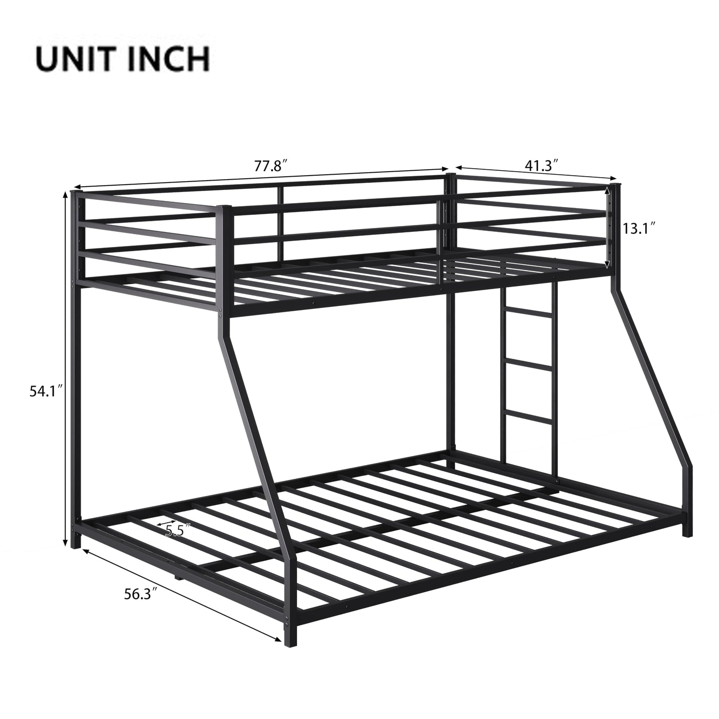 Twin Over Full Bunk Beds, Floor Bunk Bed Twin Over Full Bunk Beds with Build in Ladder, Heavy Buty Bunk Bed/Twin Over Full Bunk Bed for Adults, Teens, Kids(Twin Over Full, Black)