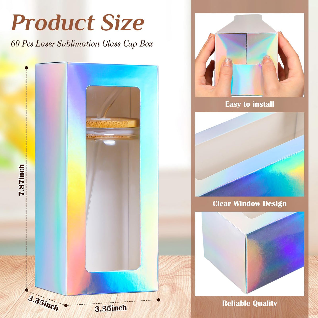 FillTouch 60 Pcs Gift Boxes with Ribbon for Sublimation Glass Exhibition Boxes Transparent Gift Box for 12oz 16oz 20oz Drinking Glasses Jar Sublimation Glass Can Blank Tumbler Gift Box (Laser Color) FillTouch