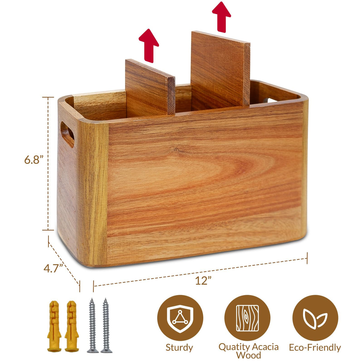 Wooden Kitchen Utensil Holder Organizer for Counter or Countertop, Large Wooden Utensil Holder for Storage Cooking and Silverware with 3 Compartment, Acacia Rustic Wood Container Extra Large Liberal Brightdeer