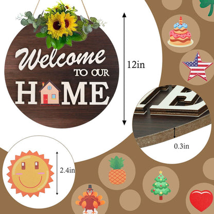 Interchangeable Welcome Front Door Sign Round Wood 4 Seasonal Wreaths 21 Changeable Icons Decoration Hanging Outdoor Farmhouse Porch for Easter Thanksgiving Halloween Christmas Independence Day