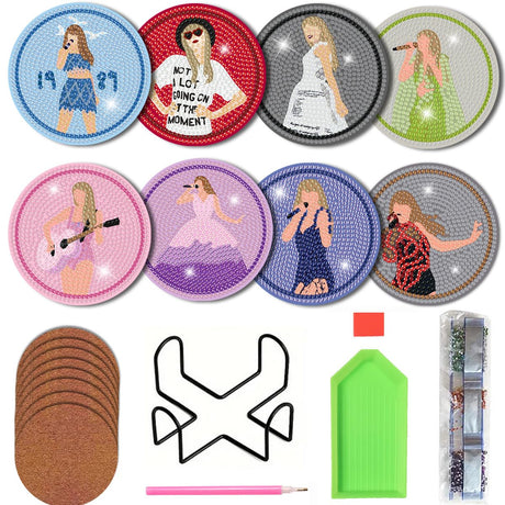 8PCs Diamond Paintings Coasters Kits Set,Singger Diamond Art Coasters with Holder, Crafts DIY Music Coasters, Diamond Art Kits Adult Craft Diamond Gift WoodArtSupply