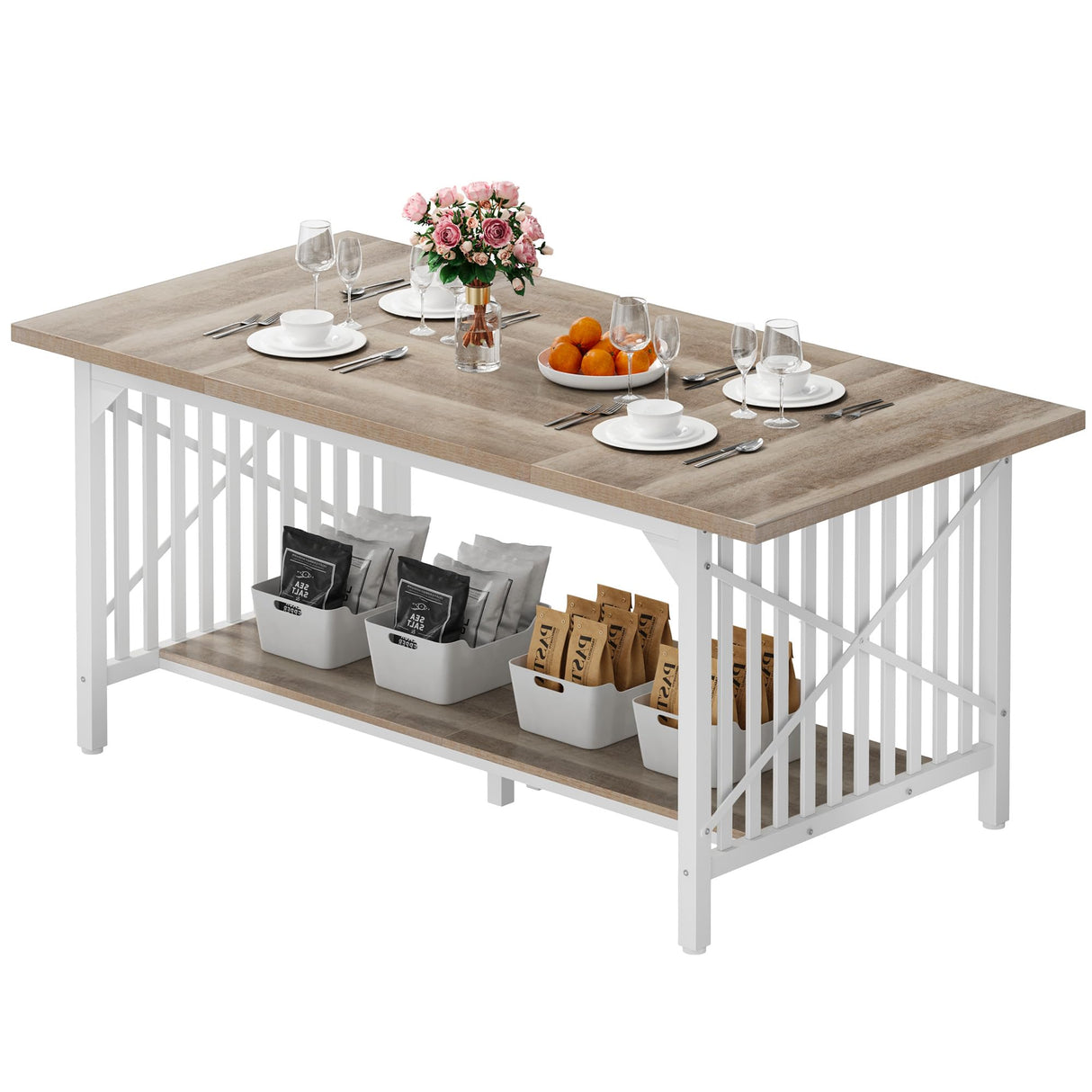 DWVO 70.8" Large Kitchen Dining Table for 6-8 People, Farmhouse Industrial Kitchen Table with Storage, Rectangle Apartment Rustic Dinning Room Dinette Tables for Eating Dinner DWVO