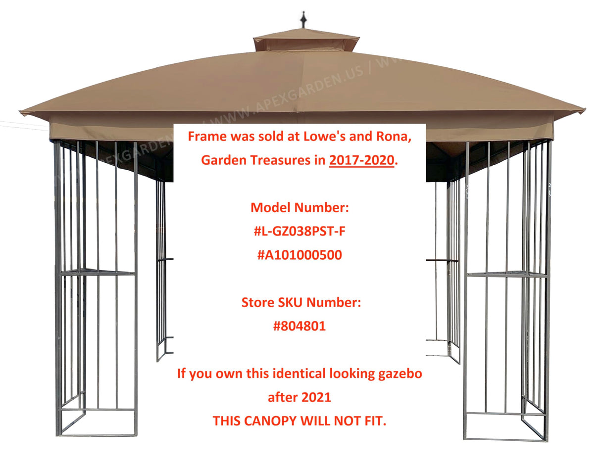 Canopy Top for Garden Treasures 10 ft x 10 ft Brown Metal Square Semi- Gazebo Model #L-GZ038PST-F (Tan) (Fabric TOP ONLY) APEX GARDEN