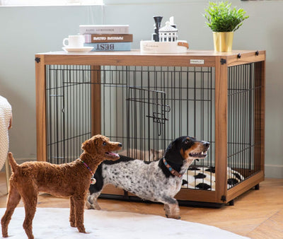 Dog Crate Furniture with Removable Top Cover, Wooden Crate with Tray, Dog Kennel Indoor for Small/Medium/Large Dogs(Light Brown, 37.4" L*25.9" W*25.8" H)