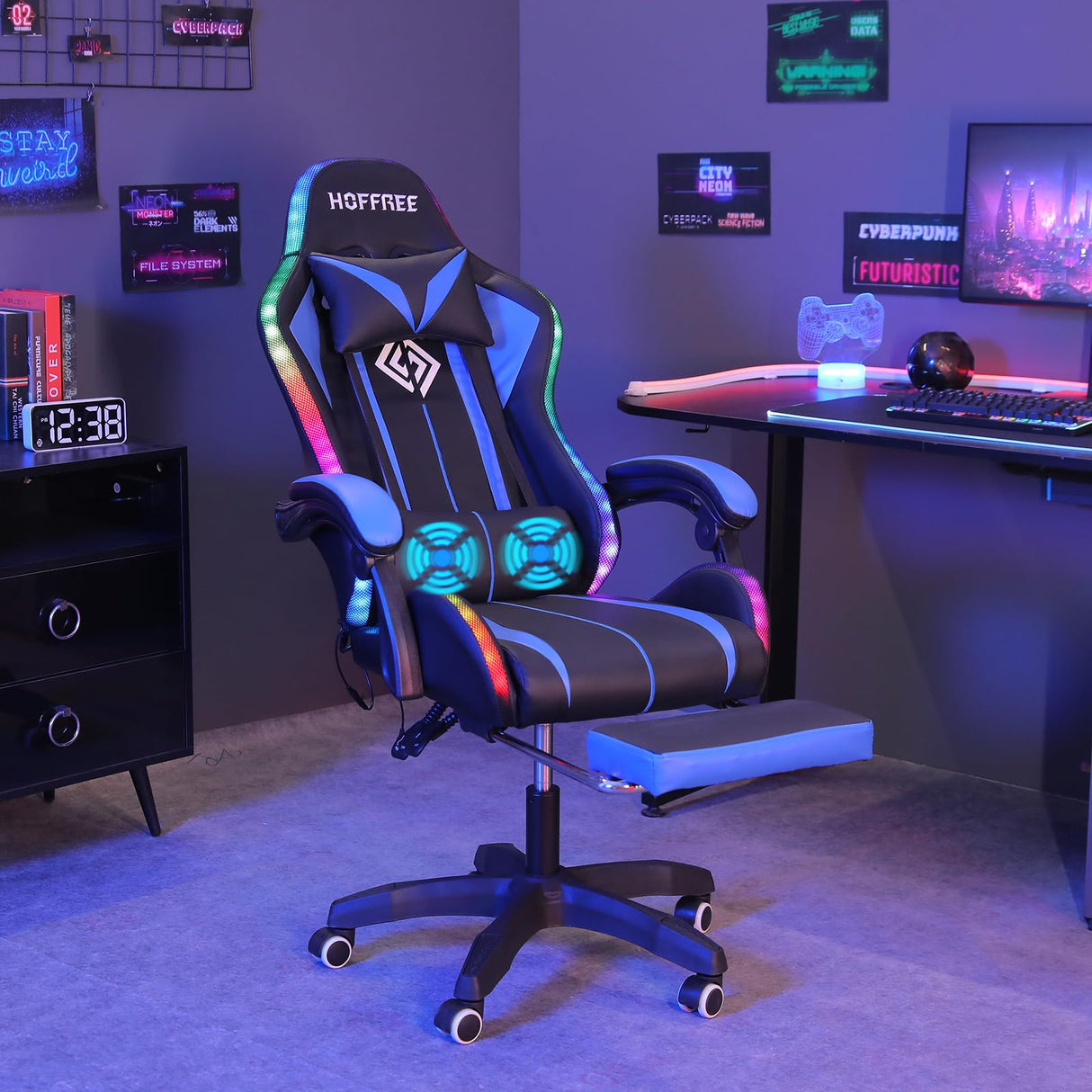 HOFFREE Gaming Chair with LED RGB Lights with Massage and Footrest Ergonomic Computer Chair High Back Video Game Chair with Adjustable Lumbar Support Linkage Armrest Blue and Black HOFFREE