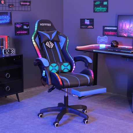 HOFFREE Gaming Chair with LED RGB Lights with Massage and Footrest Ergonomic Computer Chair High Back Video Game Chair with Adjustable Lumbar Support Linkage Armrest Blue and Black HOFFREE