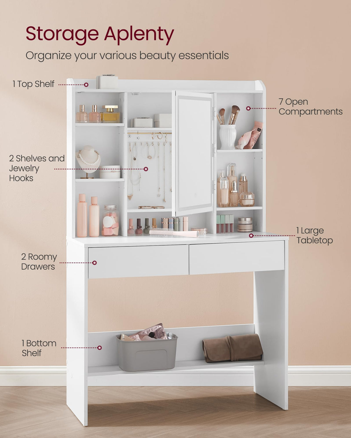 VASAGLE Vanity Desk with Mirror and Lights, Makeup Vanity with Upholstered Vanity Stool, Dimmable LED Lights, Adjustable Shelves, 7 Compartments, 2 Drawers, for Bedroom, Cloud White URDT131W01 VASAGLE