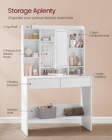 VASAGLE Vanity Desk with Mirror and Lights, Makeup Vanity with Upholstered Vanity Stool, Dimmable LED Lights, Adjustable Shelves, 7 Compartments, 2 Drawers, for Bedroom, Cloud White URDT131W01 VASAGLE