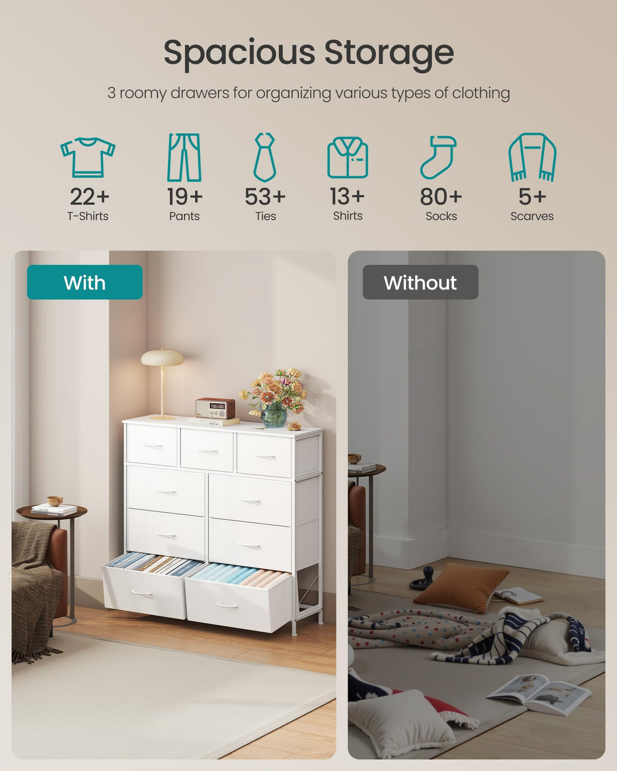 SONGMICS Dresser for Bedroom, Chest of Drawers, Steel, MDF, 9 Non-Woven Fabric Drawers, Storage Organizer Unit, Closet, Entryway, Cloud White and Snow White LGS324W01S SONGMICS