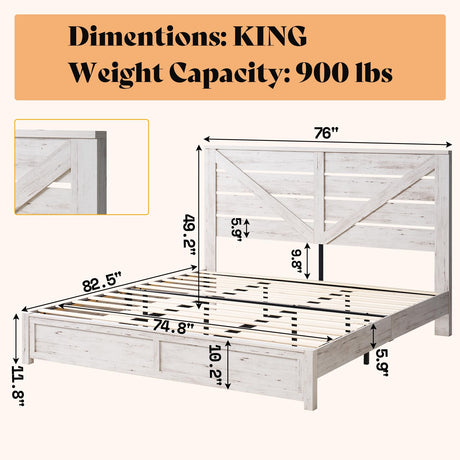 AMERLIFE King Size Distressed White Farmhouse Bed Frame with Barn Door Headboard and Under Bed Storage AMERLIFE
