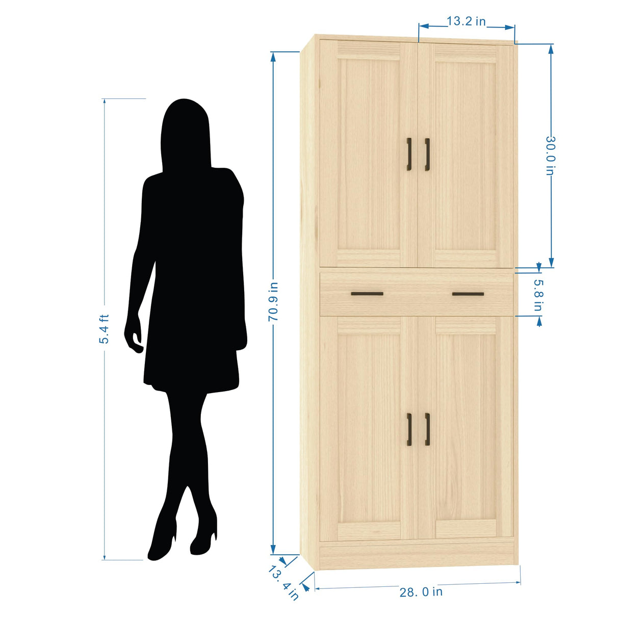 DIYART Oak Kitchen Pantry, 71" Tall Storage Cabinet with Doors and Drawer for Kitchen, Hallway, Office DIYART