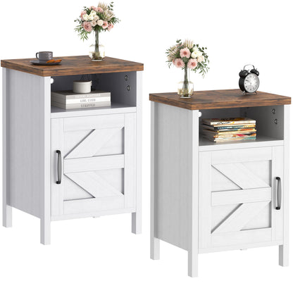 JUMMICO Farmhouse Nightstand, Modern Bedside Table Set of 2 with Barn Door and Shelf, Rustic End Table Side Table for Bedroom, Living Room (White) - WoodArtSupply