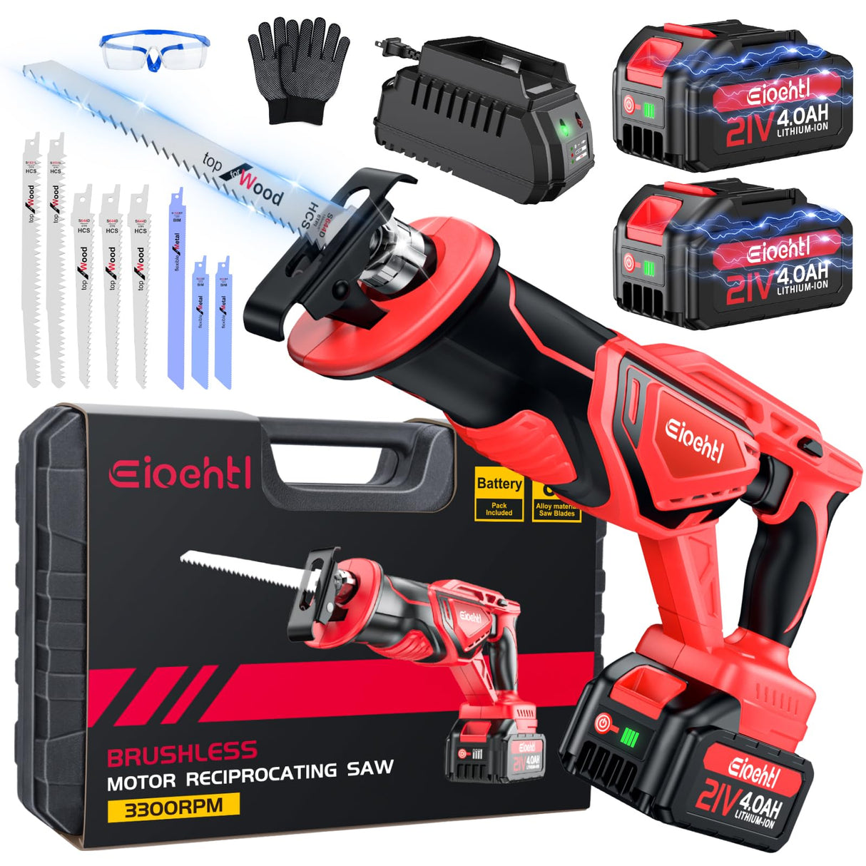 Reciprocating saw, Enhanced 3500 SPM Low Noise Brushless Motor, High-Performance 2*21V 4.0 Ah Batteries Extended Standby, 8 pcs Versatile Alloy Steel Blade Set Easily Cut Through Wood, Metal, ABS etc. Eioehtl