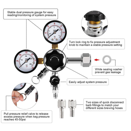 CGA-320 Kegerator Regulator, Dual Gauge Co2 Regulator for Kegerator Co2 Regulator Beer Tap for Keg with 1/4'' & 5/16'' Quick Disconnect Barb Connectors & Safety Relief Valve for Co2 Cylinder Tank Dbgogo