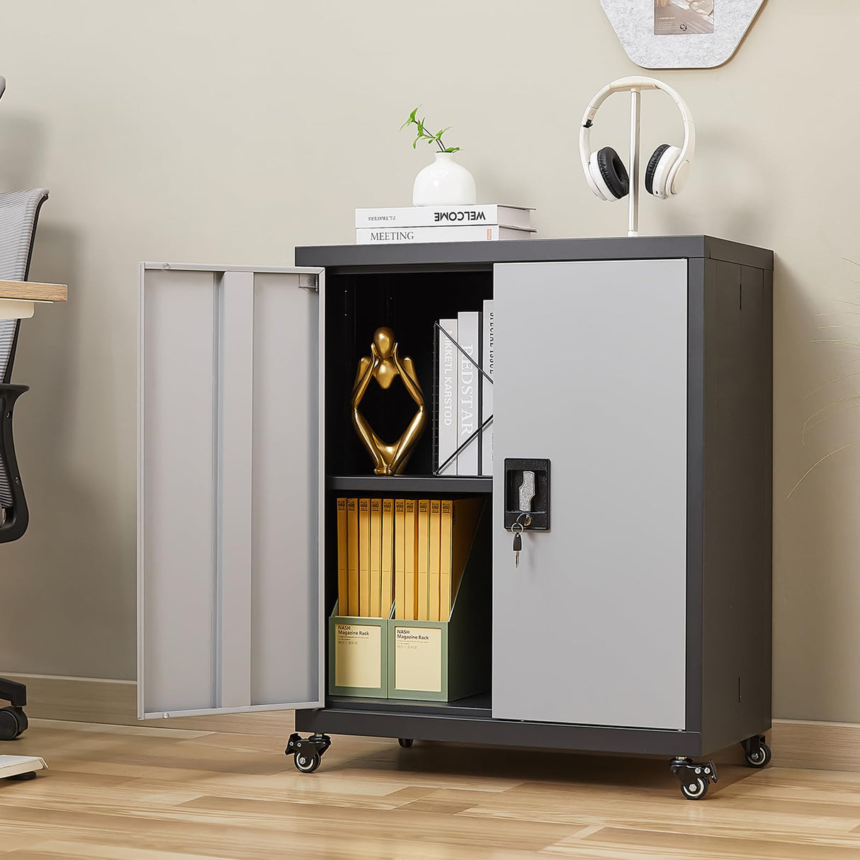 GREATMEET Metal Storage Cabinet with Locking Doors and Wheels,Garage Cabinet with Shelves for Home Office, Gym, School,Black+Grey GREATMEET