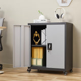 GREATMEET Metal Storage Cabinet with Locking Doors and Wheels,Garage Cabinet with Shelves for Home Office, Gym, School,Black+Grey GREATMEET