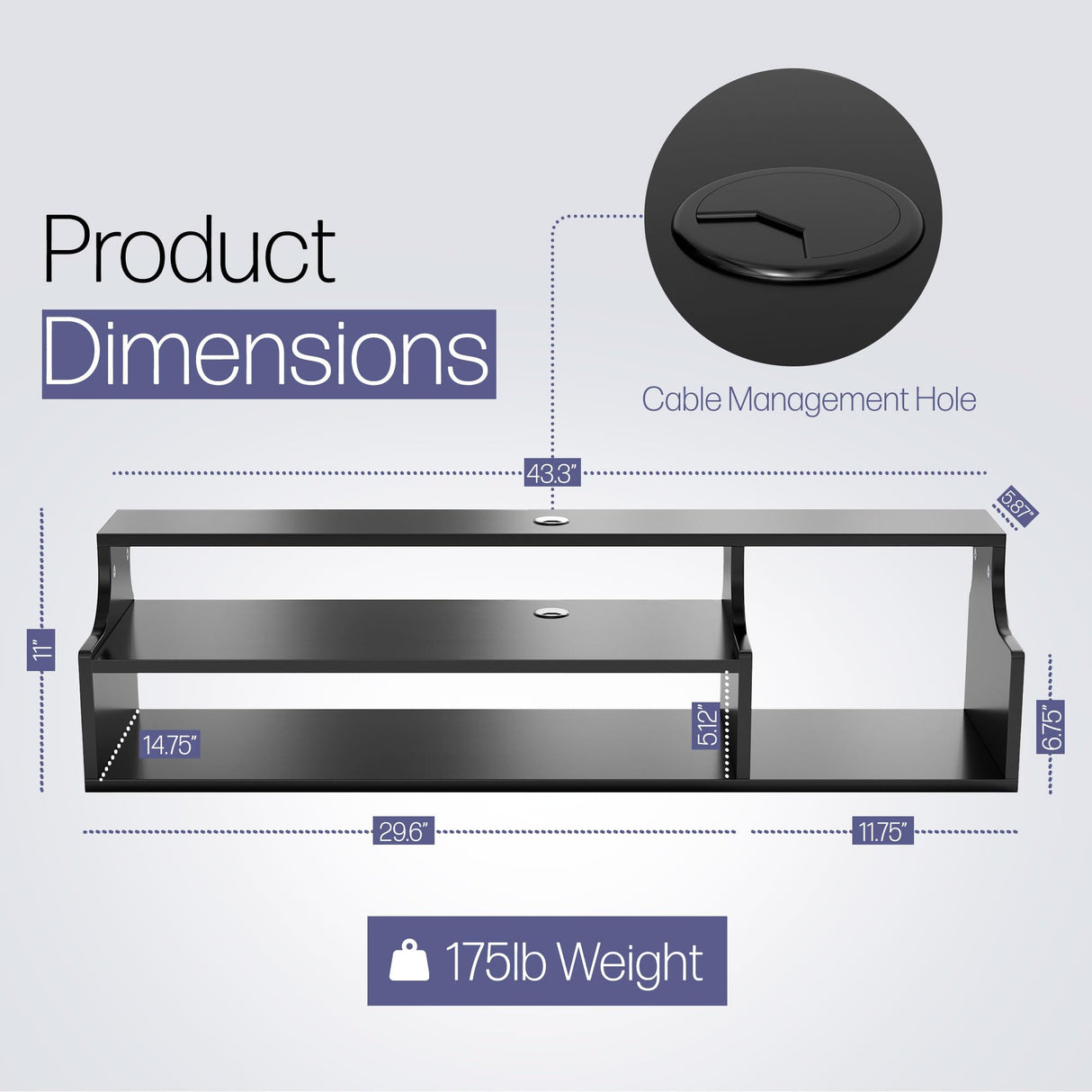 DIZAII Floating TV Stand, 3 Tier Floating Entertainment Center, 43" Floating TV Stand Wall Mounted, Floating TV Shelf, Black Under TV Cabinet, Floating Shelf for Under TV DIZAII