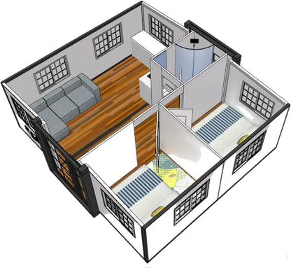 Portable Tiny Expandable Prefab Container House 19x20ft, Mobile Portable Prefab House with Facility of Bedroom, Bathroom/Toilet, Kitchen, Suitable for Home, Workshop, Hotel, Office, Villa, Warehouse