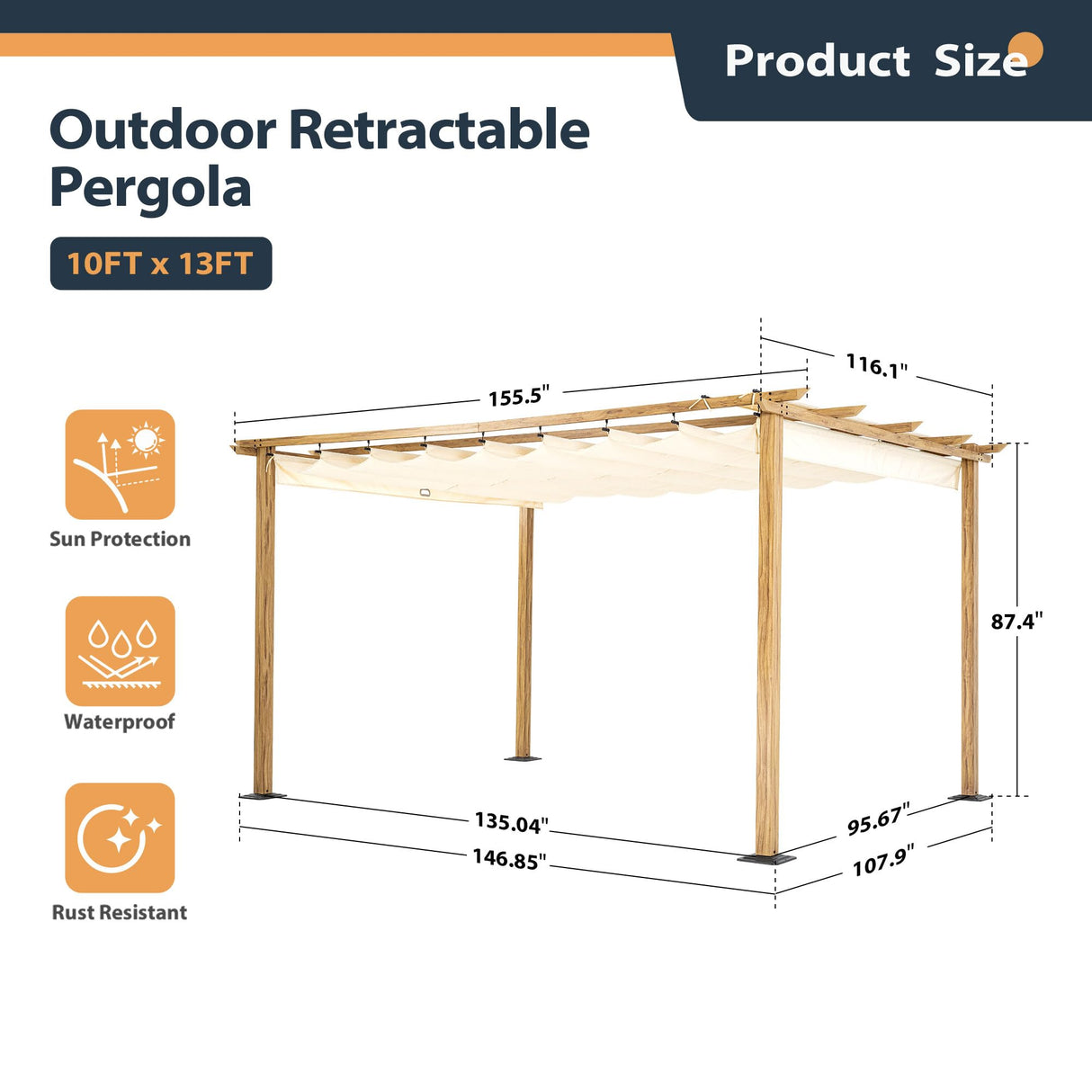 HAPPATIO 10' X 13' Wood-Grain Aluminum Pergola - Adjustable Sun Shade Canopy with Retractable Roof for Backyard, Deck, Patio, by The Pool（Beige） HAPPATIO