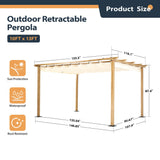 HAPPATIO 10' X 13' Wood-Grain Aluminum Pergola - Adjustable Sun Shade Canopy with Retractable Roof for Backyard, Deck, Patio, by The Pool（Beige） HAPPATIO