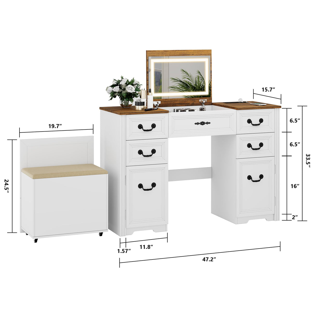FOMNEY Multifunctional Vanity Desk with Mirror, LED Lights, USB Ports, Power Outlets, and Ample Storage – Stylish Makeup Dresser for Your Bedroom FOMNEY