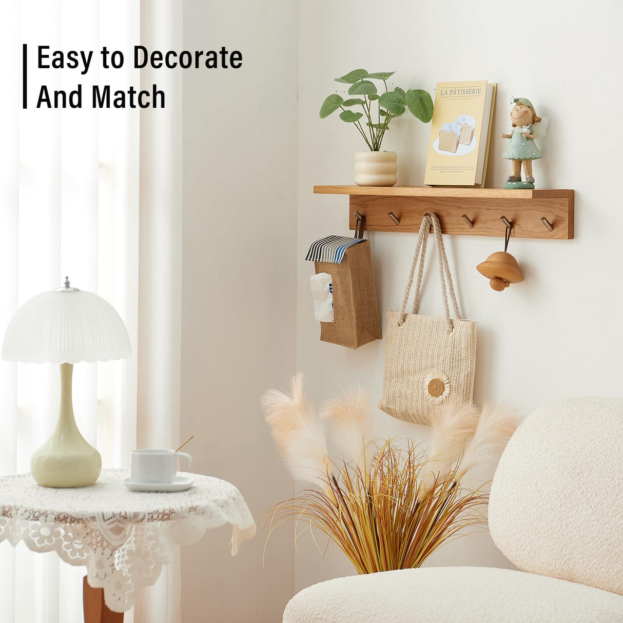 Rsuwiz Wall Hooks with Shelf Oak Wood Coat Rack Shelf Wall Mounted, Entryway Shelf with 6 Metal Hangers for Clothes Hats Towel for Bathroom, Bedroom, Living Room (Natural, 27.5 inches) Rsuwiz