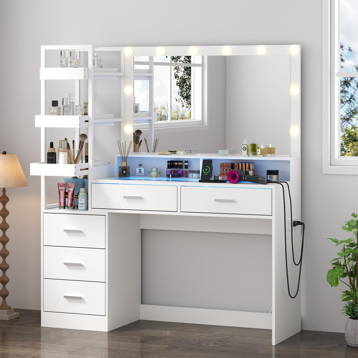 Gyfimoie White Vanity Desk with Mirror and Lights, 8 Drawer Makeup Vanity Table with Glass Top, Power Outlets and RGB Lights, Women & Girls Dressing Table with Lighted Mirror（Stool Not Included） Gyfimoie