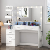 Gyfimoie White Vanity Desk with Mirror and Lights, 8 Drawer Makeup Vanity Table with Glass Top, Power Outlets and RGB Lights, Women & Girls Dressing Table with Lighted Mirror（Stool Not Included） Gyfimoie