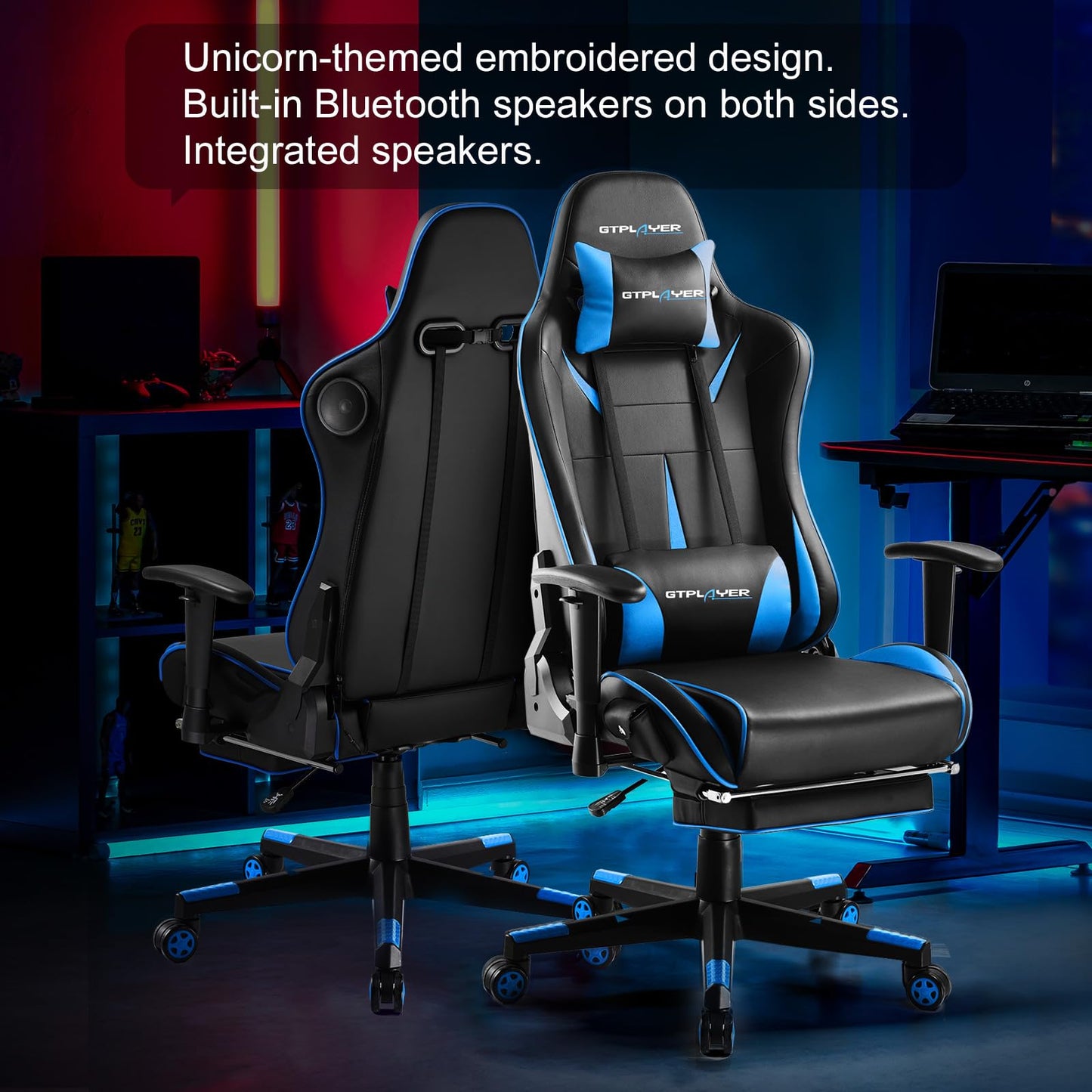 GTPLAYER Gaming Chair with Speakers Bluetooth, Ergonomic Office Desk Chair with Footrest & Lumbar Support, Height Adjustable Swivel Video Game Chair for Adults, 300lb Max (Blue)