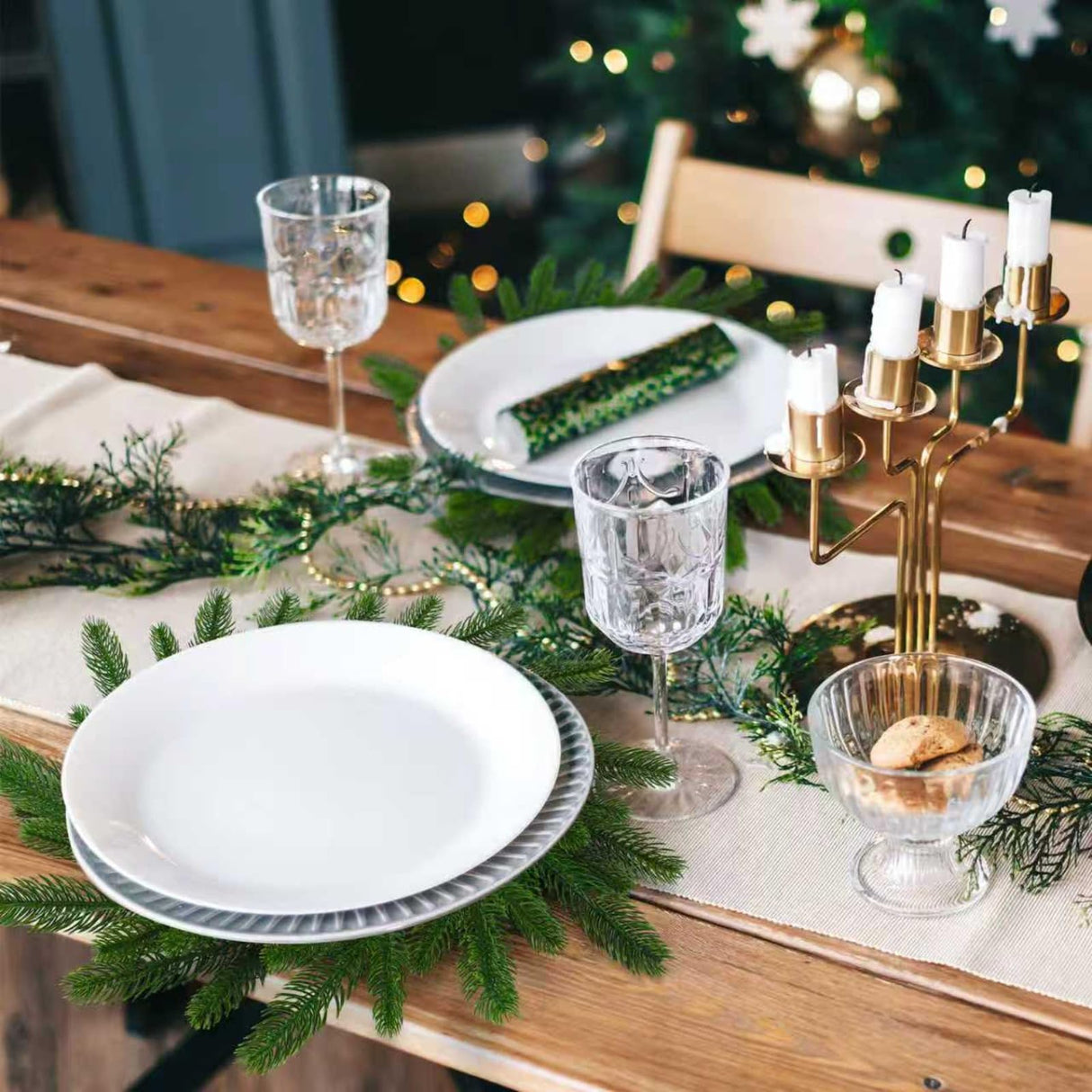 Gandeer Christmas Placemats Set of 6 Round Greenery Place Mats Xmas Circular Artificial Wreath Dining Table Decor Winter Fake Plants Branches Mats for Kitchen Accessories(Norfolk) Gandeer