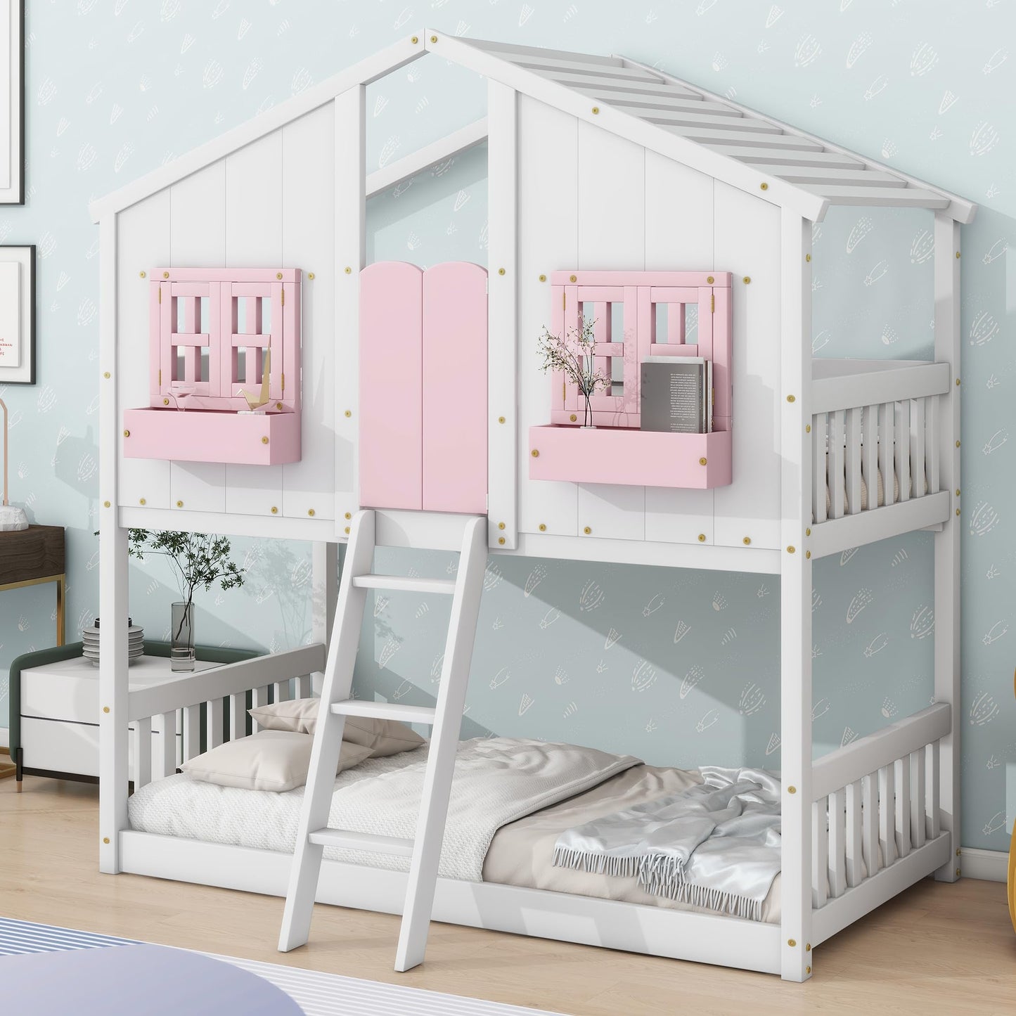 PVWIIK Twin Over Twin House Bunk Beds with Window Door & Roof, Solid Wood Playhouse Bunk Bed w/Window Box & Ladder,No Box Spring Needed & Space Saving for Boys and Girls, Pink/White