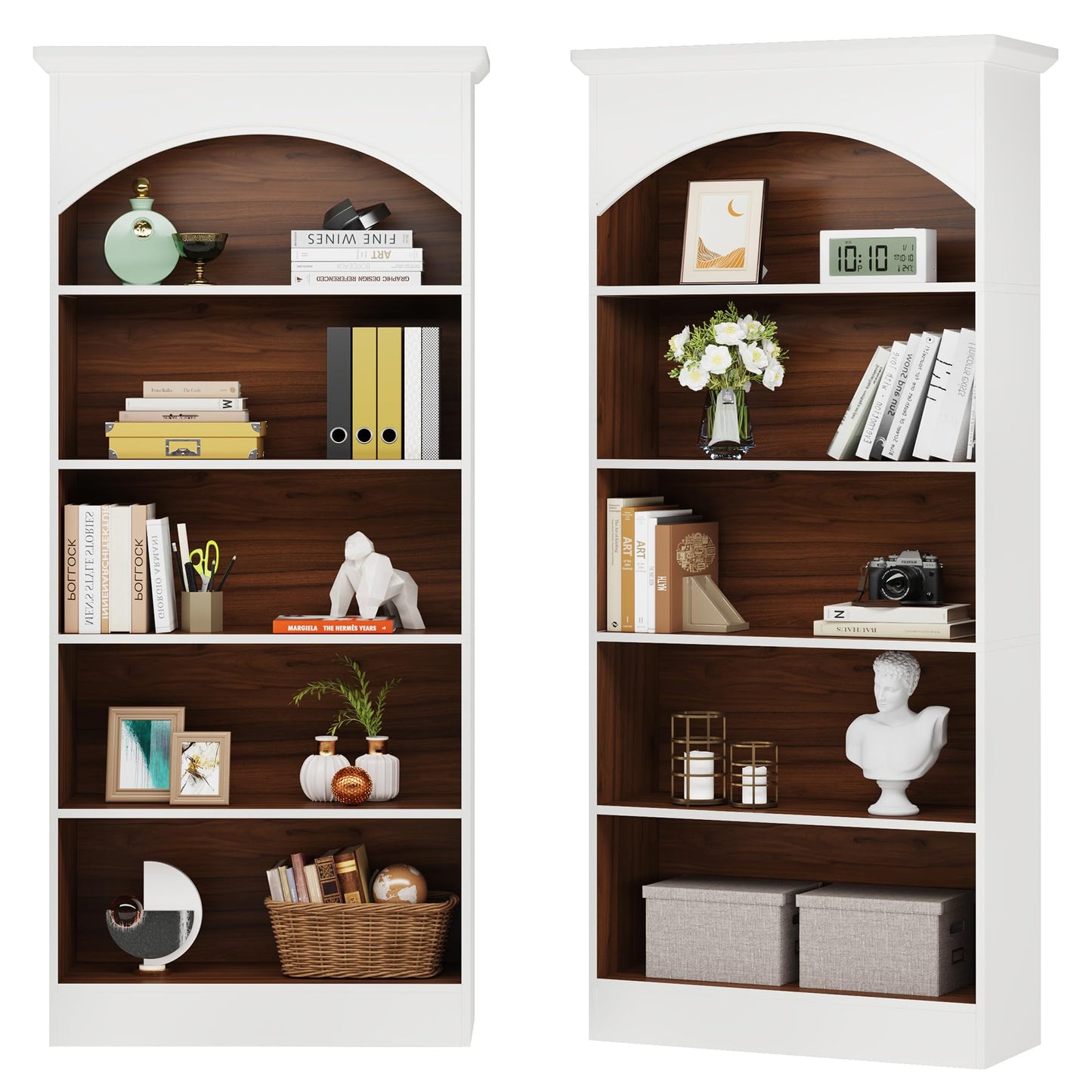 Tribesigns 5-Tier Vintage White & Oak Bookcase Set of 2 - 70.9'' Tall Free-Standing Storage Unit - WoodArtSupply