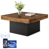 LITTLE TREE Square Coffee Table with LED Lights, 35-inch Living Room Tables, Modern Coffee Tables for Living Room, Brown and Black Wooden Center Table Cocktail Table for Home LITTLE TREE