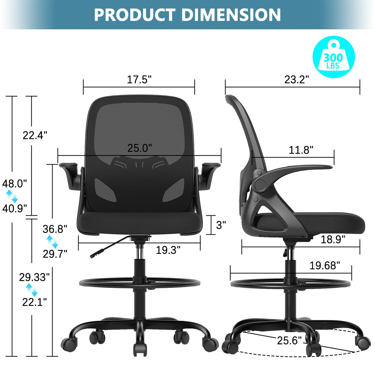 Kensaker Tall Drafting Chair with Footrest Ring for Home and Work, Ergonomic Home Desk Office Chair with Flip up Arms and Lumbar Support, Tall Extended Height Executive Home Desk Office Chair(Black) Kensaker