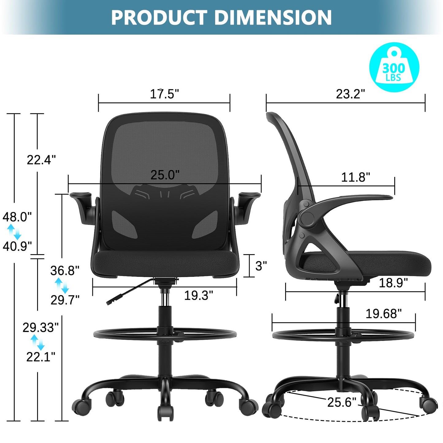 Kensaker Tall Drafting Chair with Footrest Ring for Home and Work, Ergonomic Home Desk Office Chair with Flip up Arms and Lumbar Support, Tall Extended Height Executive Home Desk Office Chair(Black)