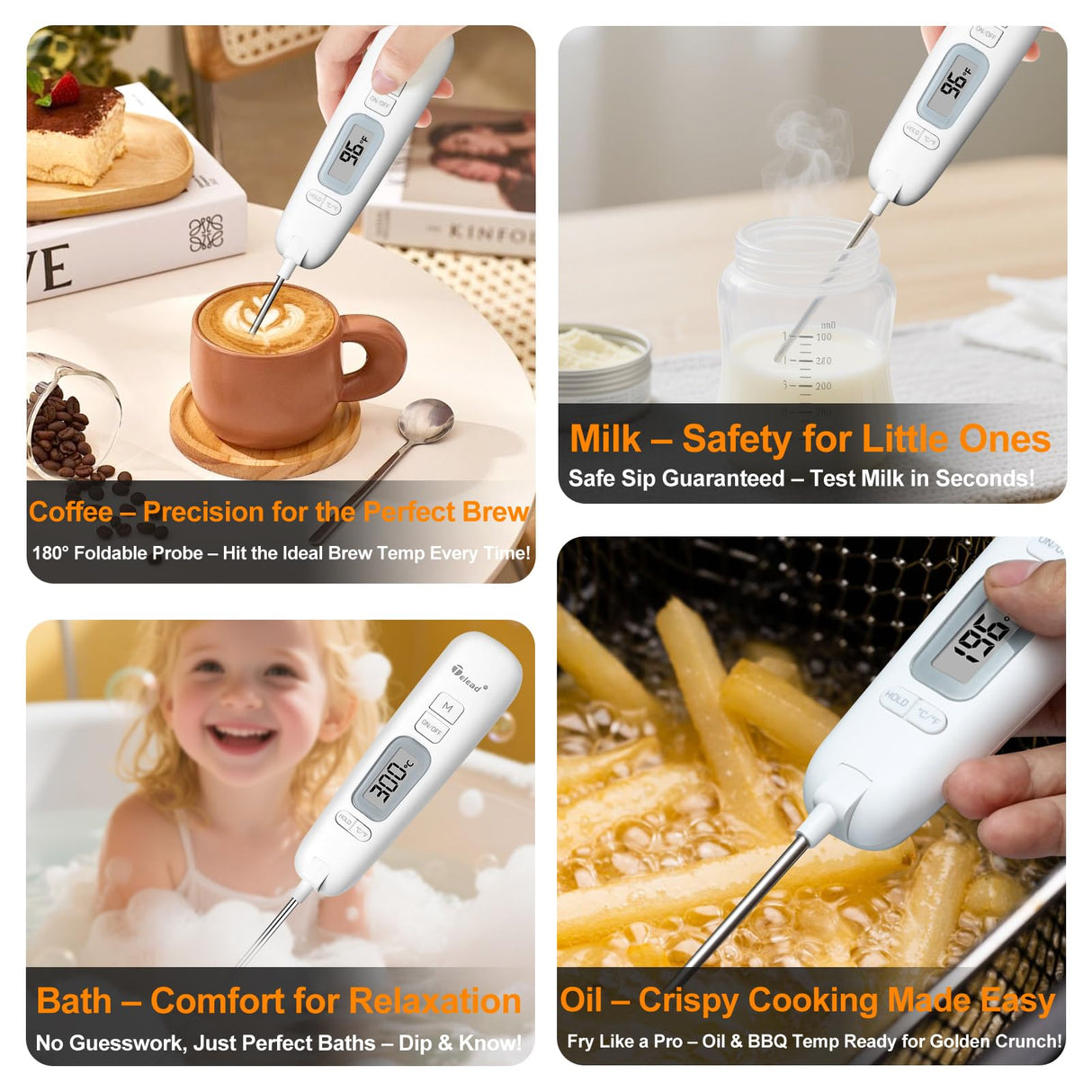 Telead Digital Water Thermometer for Liquid – Instant Read with Retractable Probe, Waterproof Probe for Cooking, Meat, BBQ, Milk & Candles, Safe & Hygienic Design, Long Stainless Steel Probe (White) Telead