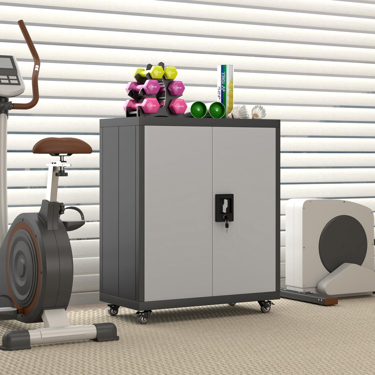 FATIGOS 31.5''H Metal Storage Cabinet with Wheels, Garage Storage Cabinet with Lock, Lockable Steel Rolling Tool Chest with Doors & Adjustable Shelves for Garage, Home, Office, Assembly Required FATIGOS