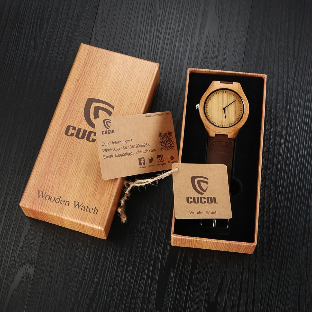 CUCOL Mens Wooden Watches Brown Cowhide Leather Strap Casual Watch for Groomsmen Gift with Box CUCOL