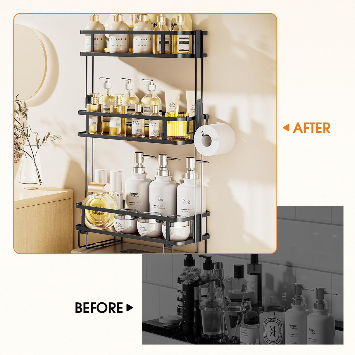 LAMU 3-Tier Over-The-Toilet Storage Shelf, Bathroom Organizer, Large Capacity, No-Drill Installation, Rust-Resistant Thick Material, Perfect for Bathroom Shelf, Black LAMU