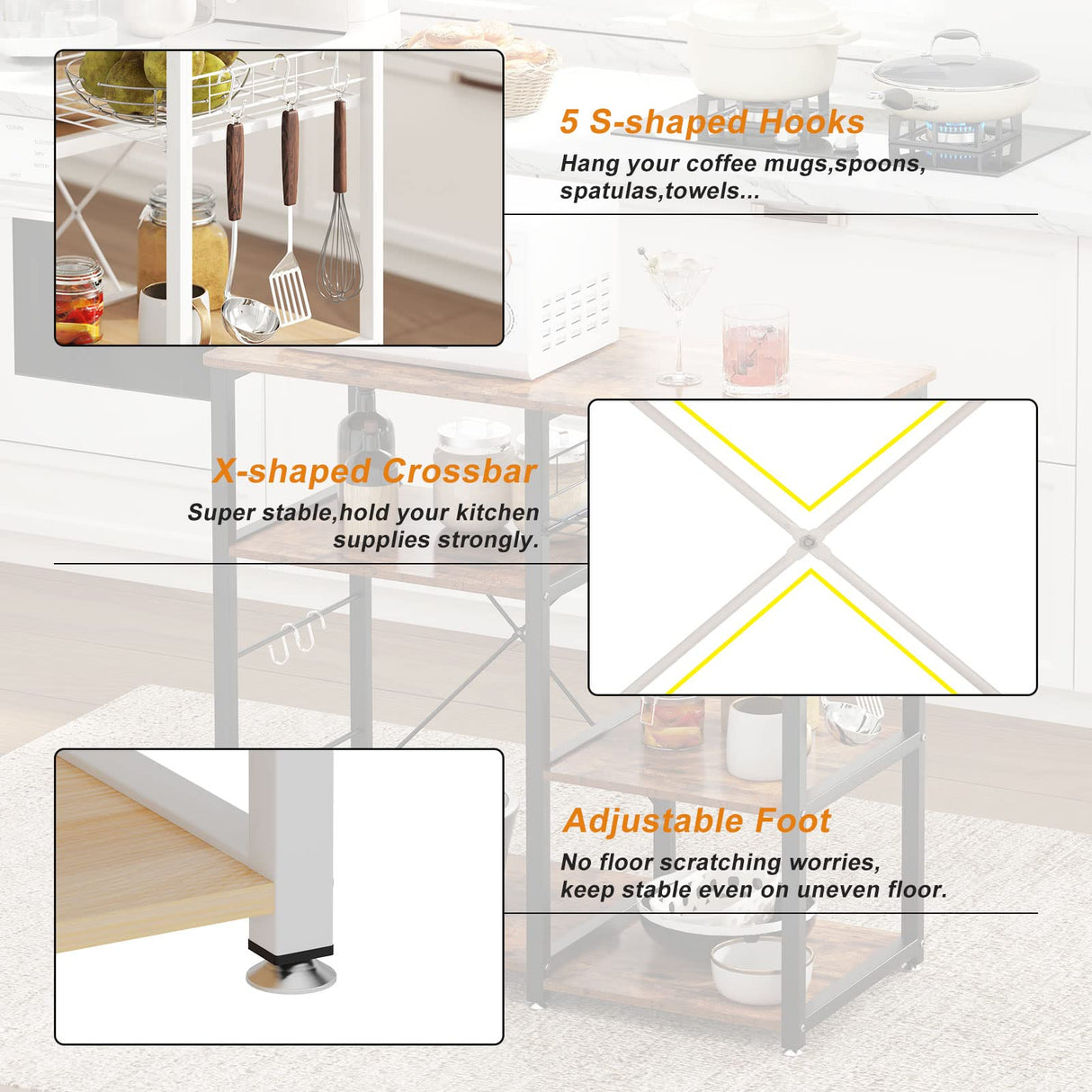 soges Kitchen Bakers Rack with 5 Hooks, Microwave Stand, Coffee Bar Station, Industrial Storage Shelf with Wire Basket, Adjustable Feet, Sturdy Metal Frame for Kitchen, Pantry, Living Room, Maple soges