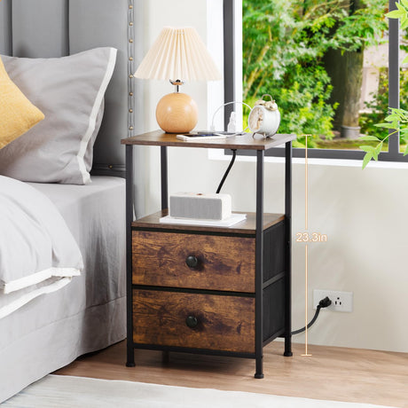 LOAKEKEL Night Stand Set 2, Nightstand with Charging Station, End Tables with Storage Shelf for Small Spaces, Bedside Table Side Tables with 2 Fabric Drawers for Bedroom, Rustic Brown, HETS020PBR LOAKEKEL