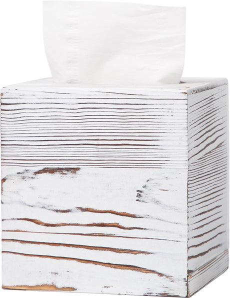 CATORY Tissue Box Cover, Wood Tissue Box Cover Square, Farmhouse Tissue Box Holder Covers Your Tissues, Decorative Tissue Cube Box Cover with Slide-Out Bottom (White) CATORY